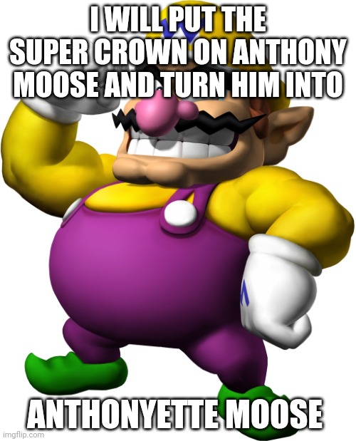 Wario | I WILL PUT THE SUPER CROWN ON ANTHONY MOOSE AND TURN HIM INTO; ANTHONYETTE MOOSE | image tagged in wario | made w/ Imgflip meme maker