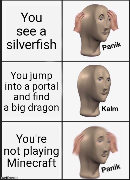 Silverfish | You see a silverfish; You jump into a portal and find a big dragon; You're not playing Minecraft | image tagged in memes,panik kalm panik | made w/ Imgflip meme maker