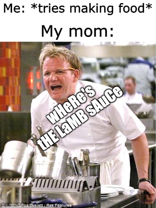 Come on, Mom... | Me: *tries making food*; My mom:; wHeRe's tHE LaMB sAuCe | image tagged in memes,chef gordon ramsay | made w/ Imgflip meme maker