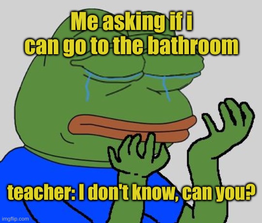 Pepe cry | Me asking if i can go to the bathroom; teacher: I don't know, can you? | image tagged in pepe cry,school | made w/ Imgflip meme maker