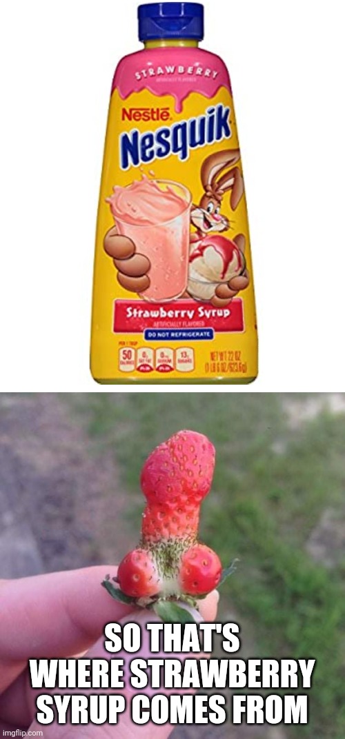 Strawberry syrup | SO THAT'S WHERE STRAWBERRY SYRUP COMES FROM | image tagged in fruit,dick pic,funny,lol so funny,gross | made w/ Imgflip meme maker