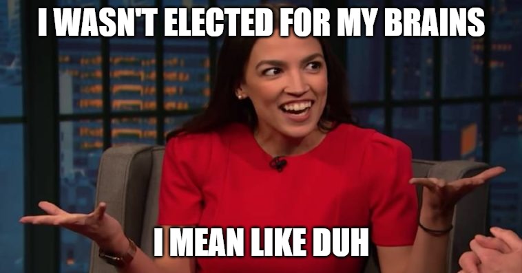 AOC tells you like it really is | I WASN'T ELECTED FOR MY BRAINS; I MEAN LIKE DUH | image tagged in aoc,dumb,memes,fun,funny,2020 | made w/ Imgflip meme maker