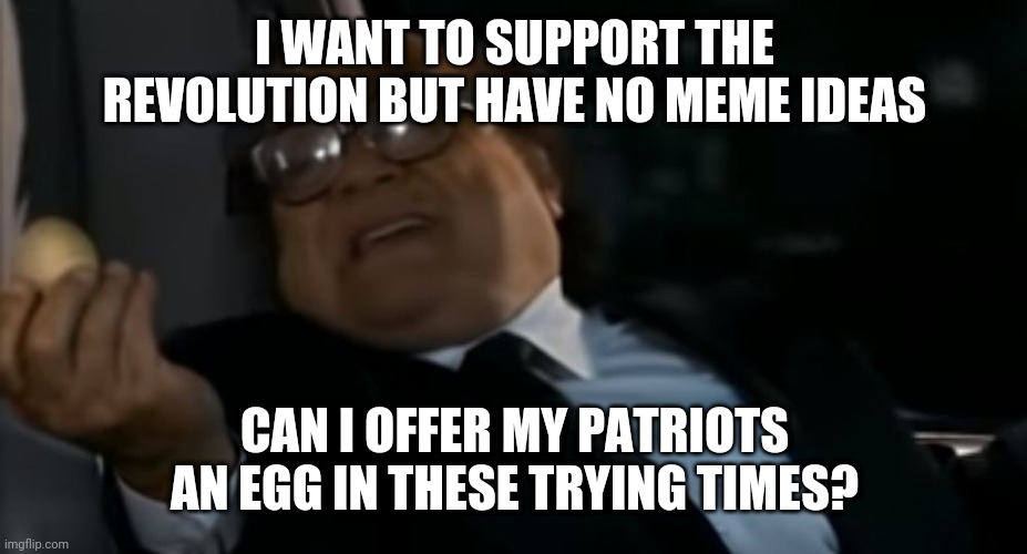 Can I Offer you an egg in these trying times | I WANT TO SUPPORT THE REVOLUTION BUT HAVE NO MEME IDEAS; CAN I OFFER MY PATRIOTS AN EGG IN THESE TRYING TIMES? | image tagged in can i offer you an egg in these trying times | made w/ Imgflip meme maker