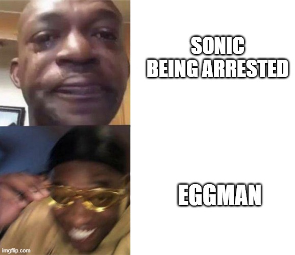 SA2 in a Nutshell | SONIC BEING ARRESTED; EGGMAN | image tagged in black guy crying and black guy laughing,sonic adventure 2,eggman | made w/ Imgflip meme maker