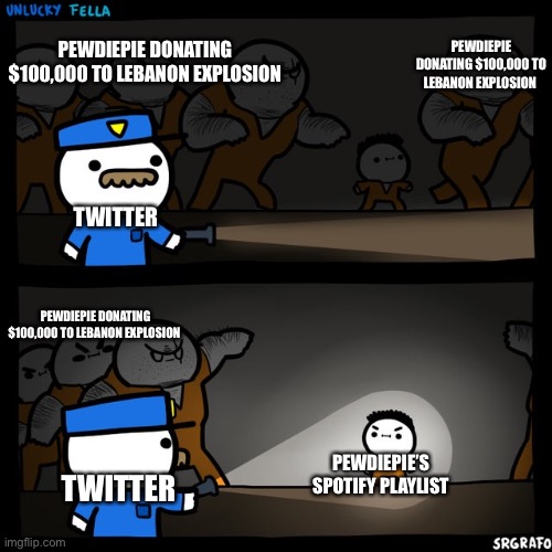Floor gang aaauuh ( this is a true story, dang it Twitter) | PEWDIEPIE DONATING $100,000 TO LEBANON EXPLOSION; PEWDIEPIE DONATING $100,000 TO LEBANON EXPLOSION; TWITTER; PEWDIEPIE DONATING $100,000 TO LEBANON EXPLOSION; PEWDIEPIE’S SPOTIFY PLAYLIST; TWITTER | image tagged in srgrafo prison | made w/ Imgflip meme maker