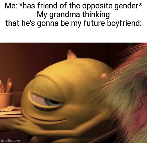 Nope | Me: *has friend of the opposite gender*
My grandma thinking that he's gonna be my future boyfriend: | image tagged in mike wazowski turning,friends,lol,grandma | made w/ Imgflip meme maker