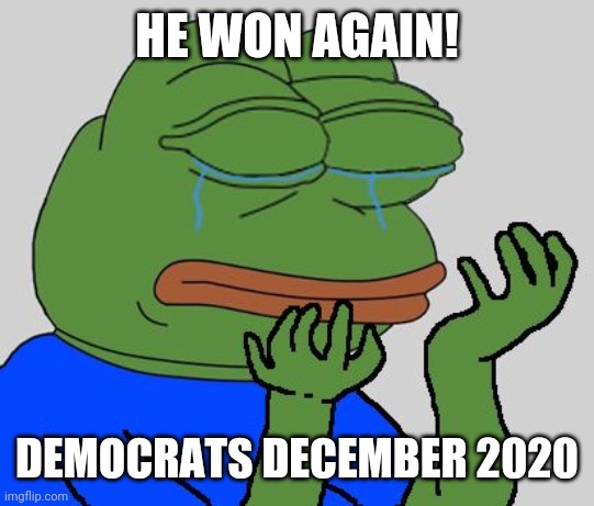 pepe cry | HE WON AGAIN! DEMOCRATS DECEMBER 2020 | image tagged in pepe cry | made w/ Imgflip meme maker