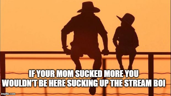 Cowboy father and son | IF YOUR MOM SUCKED MORE YOU WOULDN'T BE HERE SUCKING UP THE STREAM BOI | image tagged in cowboy father and son | made w/ Imgflip meme maker