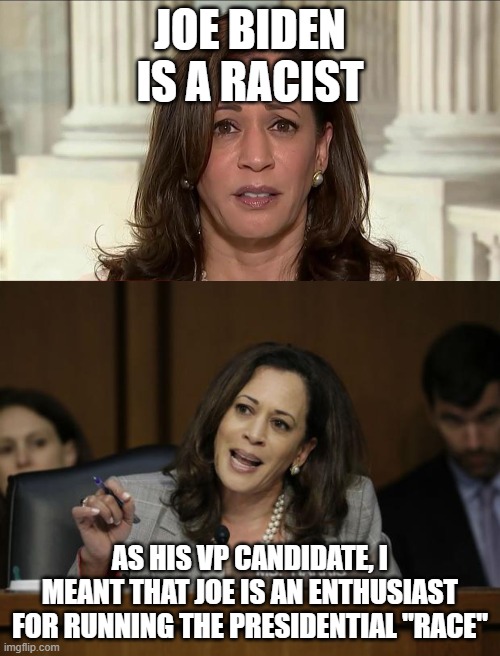 JOE BIDEN IS A RACIST; AS HIS VP CANDIDATE, I MEANT THAT JOE IS AN ENTHUSIAST FOR RUNNING THE PRESIDENTIAL "RACE" | image tagged in kamala harris | made w/ Imgflip meme maker
