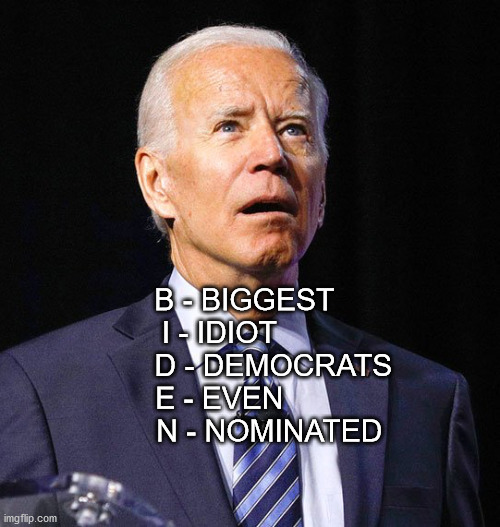 Joe Biden | B - BIGGEST
     I - IDIOT
                  D - DEMOCRATS
     E - EVEN
                 N - NOMINATED | image tagged in joe biden | made w/ Imgflip meme maker