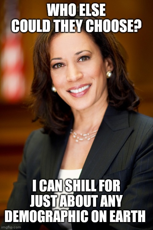 Told you I'd get the nod | WHO ELSE COULD THEY CHOOSE? I CAN SHILL FOR JUST ABOUT ANY DEMOGRAPHIC ON EARTH | image tagged in kamala harris | made w/ Imgflip meme maker