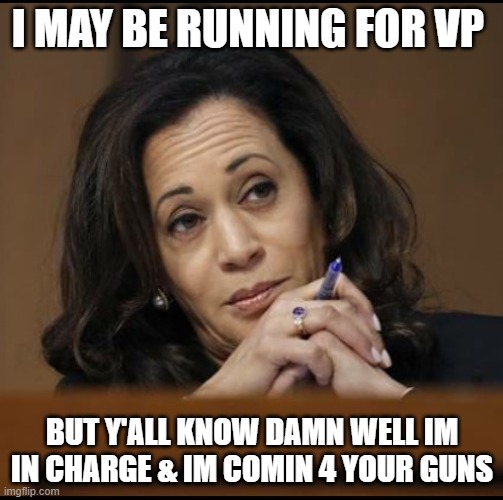 Kamala Harris  | I MAY BE RUNNING FOR VP; BUT Y'ALL KNOW DAMN WELL IM IN CHARGE & IM COMIN 4 YOUR GUNS | image tagged in kamala harris | made w/ Imgflip meme maker