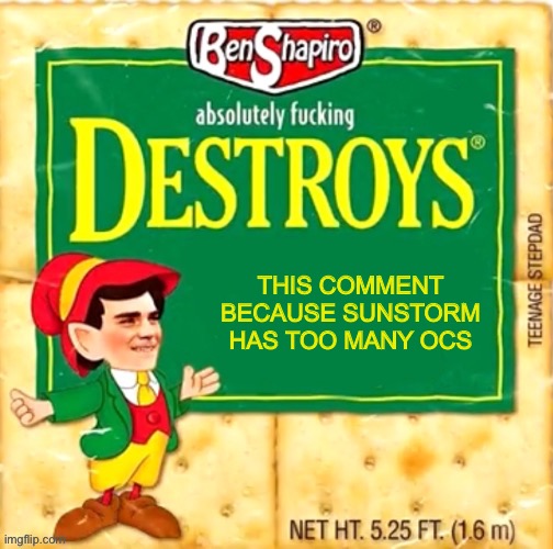 Ben Shapiro destroys blank | THIS COMMENT BECAUSE SUNSTORM HAS TOO MANY OCS | image tagged in ben shapiro destroys blank | made w/ Imgflip meme maker