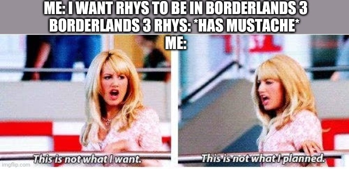 Borderlands 3 Rhys still good though | ME: I WANT RHYS TO BE IN BORDERLANDS 3
BORDERLANDS 3 RHYS: *HAS MUSTACHE* 
ME: | image tagged in borderlands,borderlands3,gaming,gamers,gamer girl,playstation | made w/ Imgflip meme maker