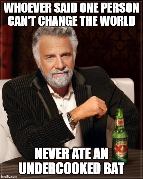 True dat | WHOEVER SAID ONE PERSON CAN'T CHANGE THE WORLD; NEVER ATE AN UNDERCOOKED BAT | image tagged in the most interesting man in the world,covid-19,pandemic,quarantine,china virus,coronavirus | made w/ Imgflip meme maker