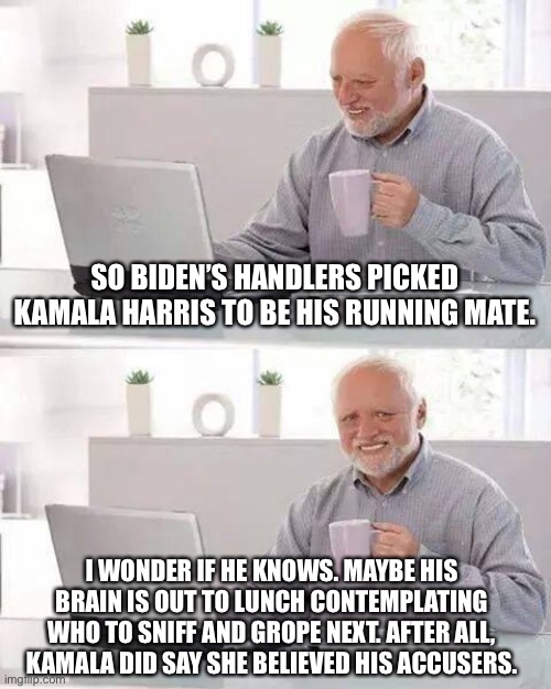 So much for Kamala Harris believing Biden’s accusers | SO BIDEN’S HANDLERS PICKED KAMALA HARRIS TO BE HIS RUNNING MATE. I WONDER IF HE KNOWS. MAYBE HIS BRAIN IS OUT TO LUNCH CONTEMPLATING WHO TO SNIFF AND GROPE NEXT. AFTER ALL, KAMALA DID SAY SHE BELIEVED HIS ACCUSERS. | image tagged in memes,hide the pain harold,creepy joe biden,kamala harris,metoo,pervert | made w/ Imgflip meme maker