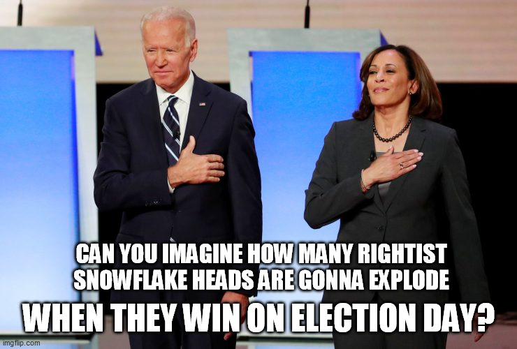 Prepare for triggered conservatives Nov. 3 | CAN YOU IMAGINE HOW MANY RIGHTIST SNOWFLAKE HEADS ARE GONNA EXPLODE; WHEN THEY WIN ON ELECTION DAY? | image tagged in joe biden,kamala harris | made w/ Imgflip meme maker