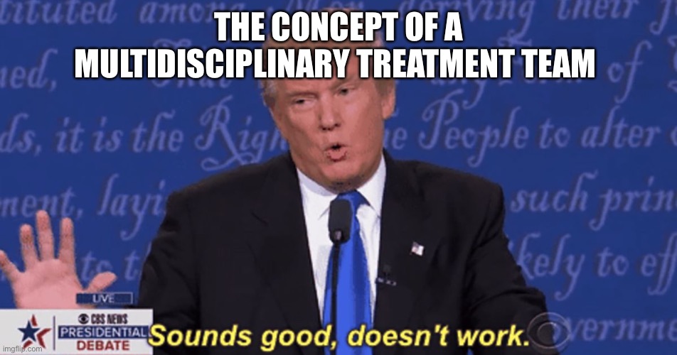 Treatment teams | THE CONCEPT OF A MULTIDISCIPLINARY TREATMENT TEAM | image tagged in sounds good doesn't work,nope,work,work sucks | made w/ Imgflip meme maker