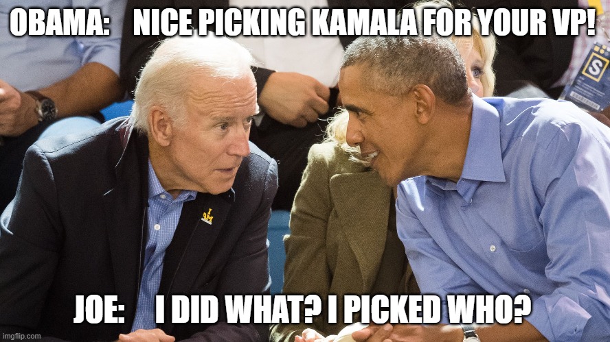 Crazy Joe | OBAMA:    NICE PICKING KAMALA FOR YOUR VP! JOE:     I DID WHAT? I PICKED WHO? | image tagged in crazy joe,obama,joe and obama | made w/ Imgflip meme maker