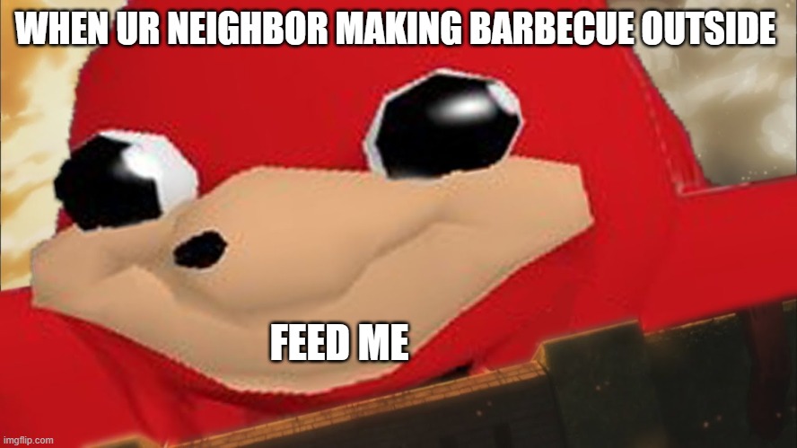 WHEN UR NEIGHBOR MAKING BARBECUE OUTSIDE; FEED ME | image tagged in ugandan knuckles | made w/ Imgflip meme maker