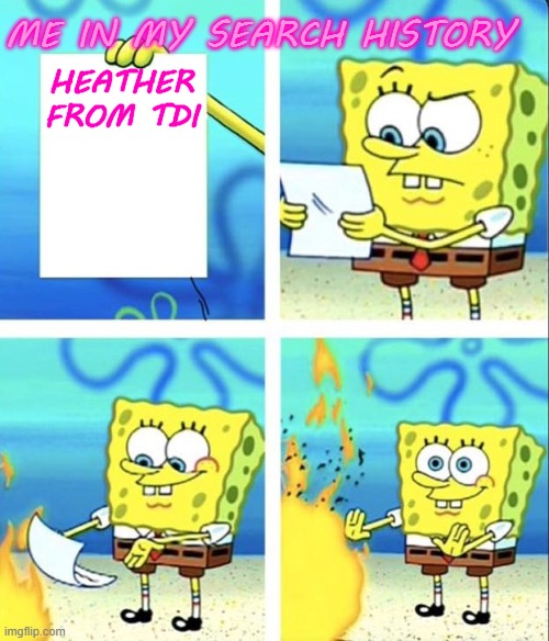 Spongebob yeet | HEATHER FROM TDI ME IN MY SEARCH HISTORY | image tagged in spongebob yeet | made w/ Imgflip meme maker