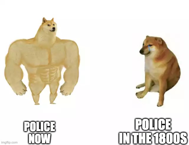 Buff Doge vs. Cheems | POLICE NOW; POLICE IN THE 1800S | image tagged in buff doge vs cheems | made w/ Imgflip meme maker