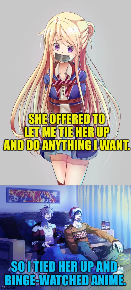 Literally | SHE OFFERED TO LET ME TIE HER UP AND DO ANYTHING I WANT. SO I TIED HER UP AND 
BINGE-WATCHED ANIME. | image tagged in tied up,watching tv | made w/ Imgflip meme maker