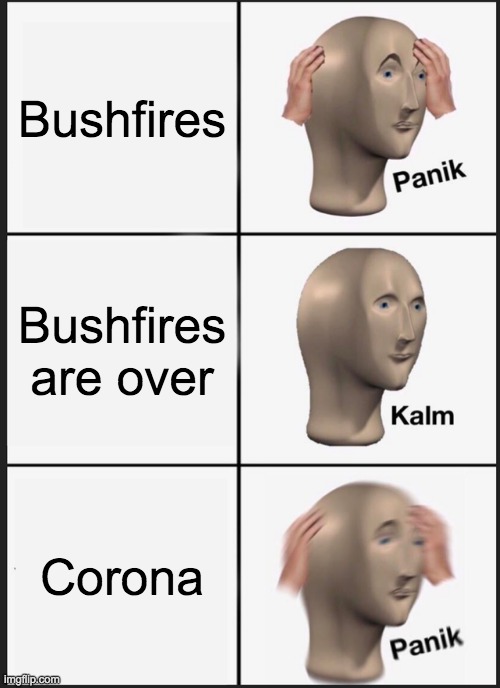 Panik Kalm Panik | Bushfires; Bushfires are over; Corona | image tagged in memes,panik kalm panik | made w/ Imgflip meme maker