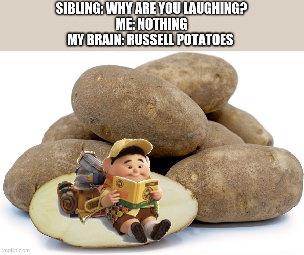 Me Watching Up: | SIBLING: WHY ARE YOU LAUGHING?
ME: NOTHING
MY BRAIN: RUSSELL POTATOES | image tagged in memes,funny,up,potato,fun,why are you laughing | made w/ Imgflip meme maker