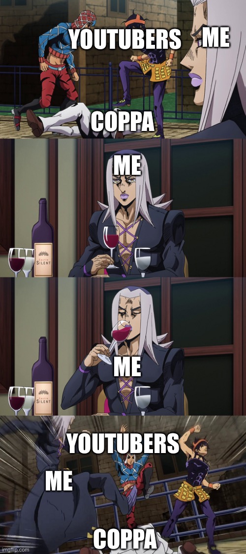When Miniplayer for kids in YouTube is disabled | YOUTUBERS; ME; ME; COPPA; ME; ME; YOUTUBERS; COPPA | image tagged in abbacchio joins in the fun | made w/ Imgflip meme maker