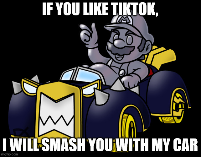 That's right! | IF YOU LIKE TIKTOK, I WILL SMASH YOU WITH MY CAR | image tagged in evil metal mario | made w/ Imgflip meme maker