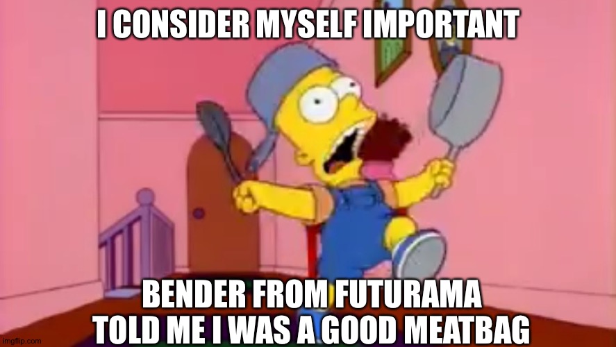 i am so great bart simpson frying pan | I CONSIDER MYSELF IMPORTANT; BENDER FROM FUTURAMA TOLD ME I WAS A GOOD MEATBAG | image tagged in i am so great bart simpson frying pan | made w/ Imgflip meme maker