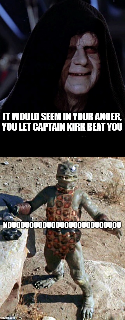 Defeated Gorn | IT WOULD SEEM IN YOUR ANGER, YOU LET CAPTAIN KIRK BEAT YOU; NOOOOOOOOOOOOOOOOOOOOOOOOOO | image tagged in emporer palpatine,star trek the gorn whaaa | made w/ Imgflip meme maker
