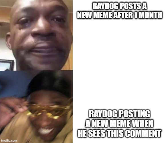RAYDOG POSTS A NEW MEME AFTER 1 MONTH RAYDOG POSTING A NEW MEME WHEN HE SEES THIS COMMENT | image tagged in crying guy/guy with sunglasses | made w/ Imgflip meme maker