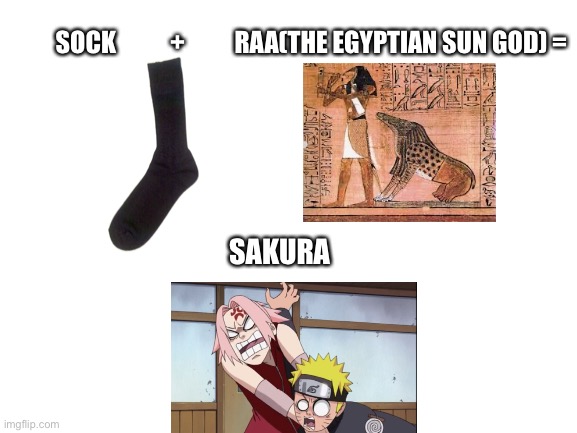 Blank White Template | SOCK           +          RAA(THE EGYPTIAN SUN GOD) =; SAKURA | image tagged in blank white template | made w/ Imgflip meme maker