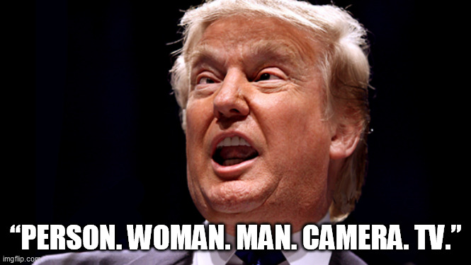 Trump 2020.  He can remember 5 words. IN A ROW. | “PERSON. WOMAN. MAN. CAMERA. TV.” | image tagged in cross eyed trump | made w/ Imgflip meme maker