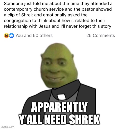 This is why I stay away from non-denom churches | APPARENTLY Y’ALL NEED SHREK | image tagged in shrek,yall need shrek,church | made w/ Imgflip meme maker