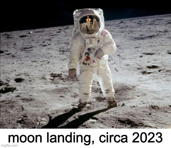 Vector, left without water or food would have starved in 3 days, but as he has attained immortality, he has gone beyond | moon landing, circa 2023 | image tagged in moon landing,vector | made w/ Imgflip meme maker