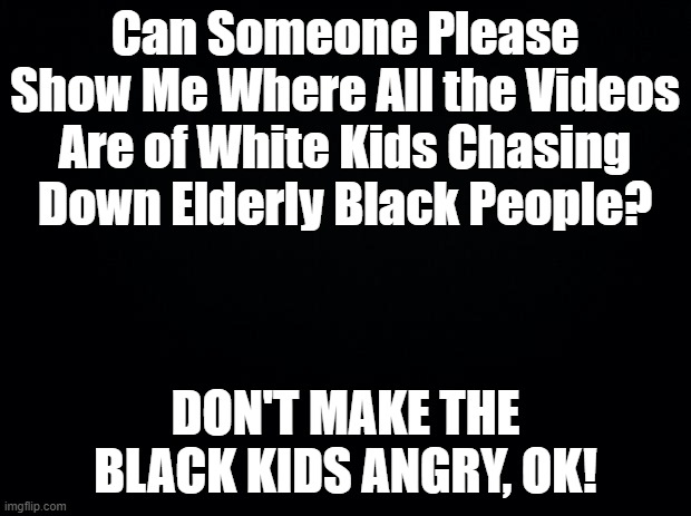Where are the Videos? | Can Someone Please Show Me Where All the Videos Are of White Kids Chasing Down Elderly Black People? DON'T MAKE THE BLACK KIDS ANGRY, OK! | image tagged in dont make the black kids angry | made w/ Imgflip meme maker