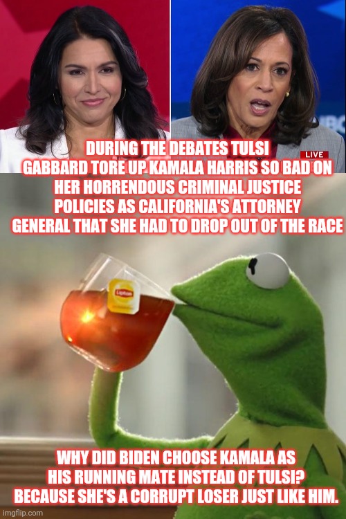 DURING THE DEBATES TULSI GABBARD TORE UP KAMALA HARRIS SO BAD ON HER HORRENDOUS CRIMINAL JUSTICE POLICIES AS CALIFORNIA'S ATTORNEY GENERAL THAT SHE HAD TO DROP OUT OF THE RACE; WHY DID BIDEN CHOOSE KAMALA AS HIS RUNNING MATE INSTEAD OF TULSI? BECAUSE SHE'S A CORRUPT LOSER JUST LIKE HIM. | image tagged in memes,but that's none of my business | made w/ Imgflip meme maker