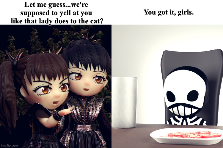 A variation on a familiar theme | Let me guess...we're 
supposed to yell at you 
like that lady does to the cat? You got it, girls. | image tagged in babymetal,kobametal | made w/ Imgflip meme maker