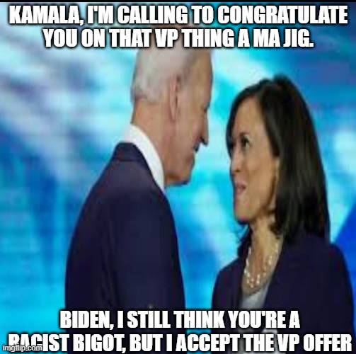 Biden Picks Kamala For that Thing A MaJig! | KAMALA, I'M CALLING TO CONGRATULATE YOU ON THAT VP THING A MA JIG. BIDEN, I STILL THINK YOU'RE A RACIST BIGOT, BUT I ACCEPT THE VP OFFER | image tagged in political meme,politics,american politics | made w/ Imgflip meme maker