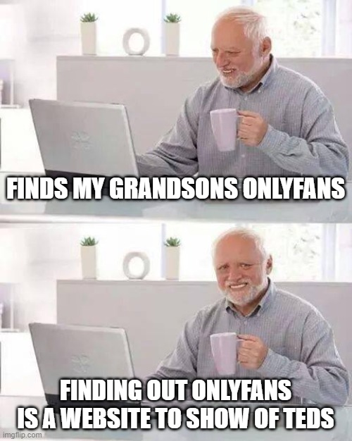 keep it together harold | FINDS MY GRANDSONS ONLYFANS; FINDING OUT ONLYFANS IS A WEBSITE TO SHOW OF TEDS | image tagged in memes,hide the pain harold | made w/ Imgflip meme maker