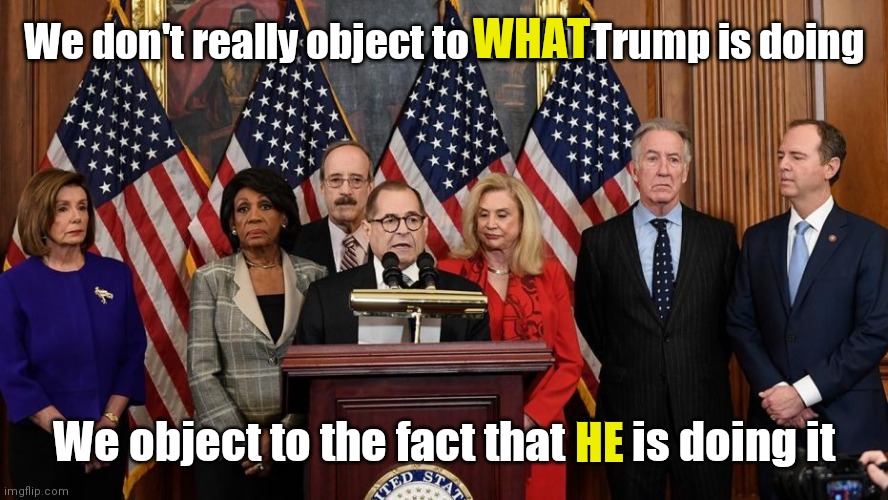 House Democrats | WHAT; We don't really object to WHAT Trump is doing; We object to the fact that HE is doing it; HE | image tagged in house democrats | made w/ Imgflip meme maker