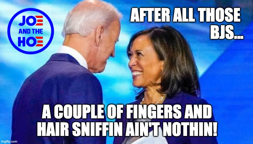 JoeHoe2020 Pt. 2 | AFTER ALL THOSE 
BJS... A COUPLE OF FINGERS AND HAIR SNIFFIN AIN'T NOTHIN! | image tagged in joe biden,kamala harris,donald trump,donald trump approves | made w/ Imgflip meme maker