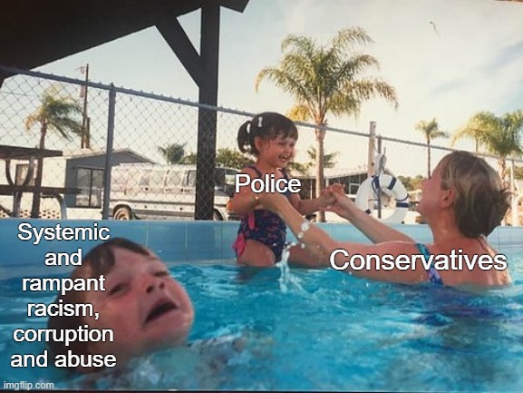 bAcK tHe BlUe | Police; Systemic and rampant racism, corruption and abuse; Conservatives | image tagged in drowning kid in the pool,conservatives,ignore,police,police brutality,racism | made w/ Imgflip meme maker