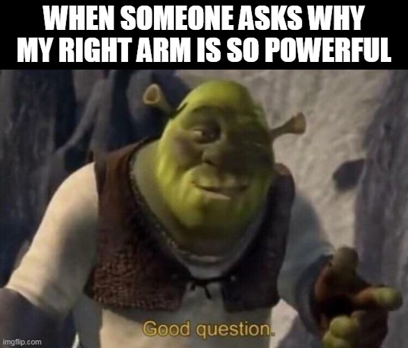 Shrek good question | WHEN SOMEONE ASKS WHY MY RIGHT ARM IS SO POWERFUL | image tagged in shrek good question | made w/ Imgflip meme maker