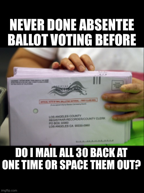 Do I submit all of them at once? | NEVER DONE ABSENTEE BALLOT VOTING BEFORE; DO I MAIL ALL 30 BACK AT ONE TIME OR SPACE THEM OUT? | image tagged in vote,balots,mail | made w/ Imgflip meme maker