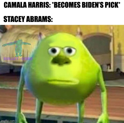 Stacey oh no | CAMALA HARRIS: *BECOMES BIDEN’S PICK*; STACEY ABRAMS: | image tagged in blank white template,monsters inc | made w/ Imgflip meme maker