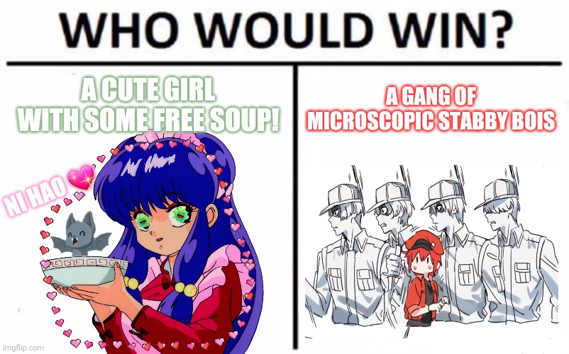 Who Would Win? Meme | A GANG OF MICROSCOPIC STABBY BOIS; A CUTE GIRL WITH SOME FREE SOUP! NI HAO 💖 | image tagged in memes,who would win,cells at work | made w/ Imgflip meme maker